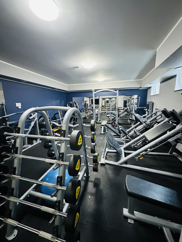 Na zdjęciu ukazane jest wyposażenie w sprzęt sali do ćwiczeń w siłowni.