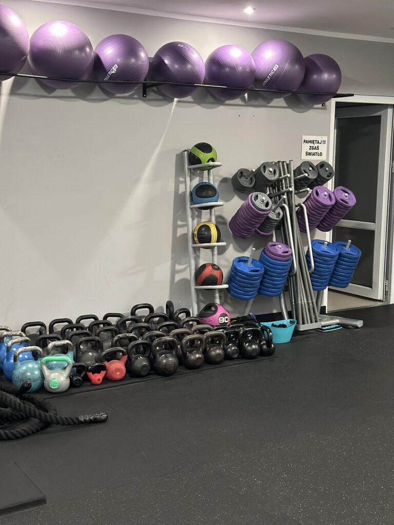 Zdjęcie przedstawia wyposażenie siłowni strongbodygym w różne sprzęty - tu hantle, obciążniki, piłki.